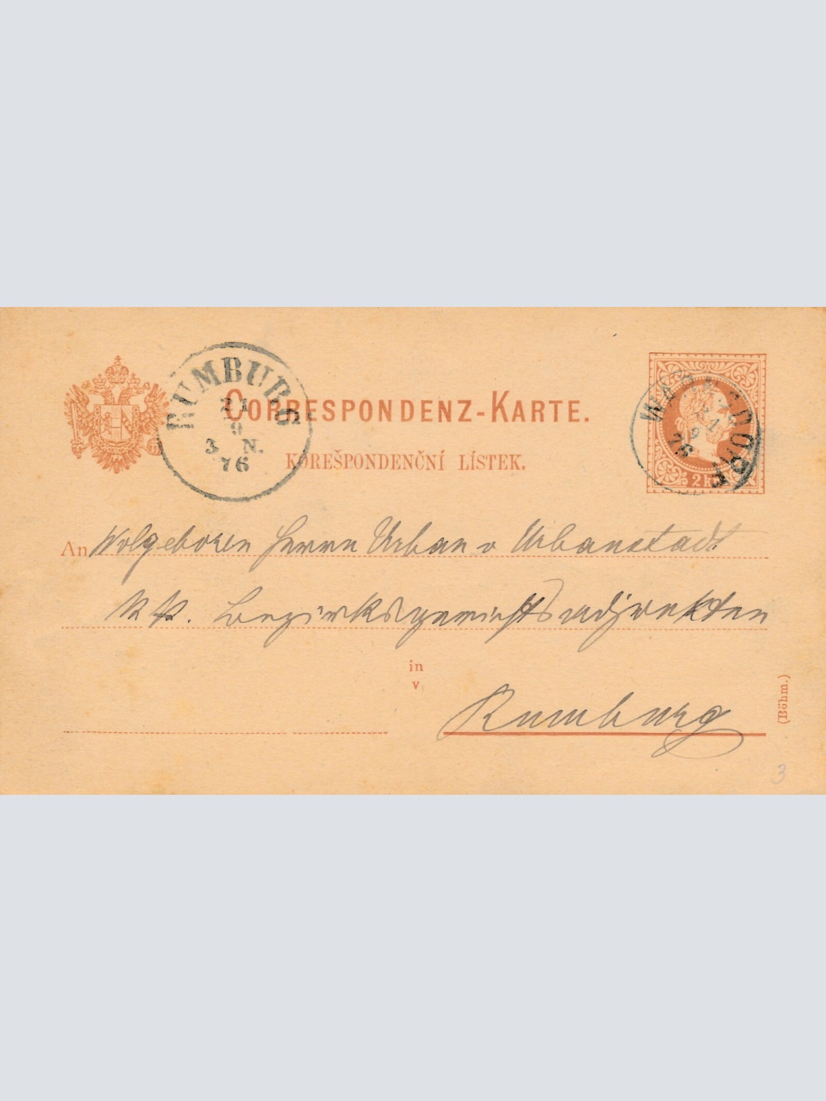 2 Kreuzer - Ganzsachen Karte 1876 aus Warnsdorf (11146)