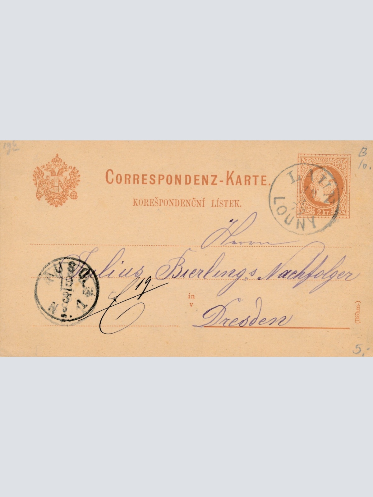 2 Kreuzer - Ganzsachen Karte 1877 aus Laun (11139)