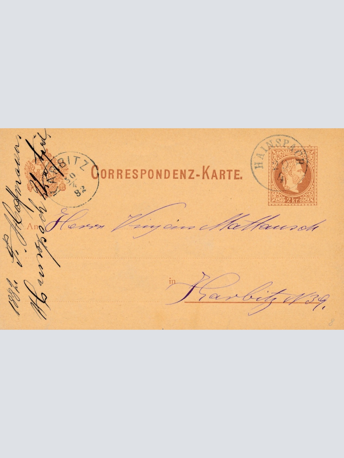 2 Kreuzer - Ganzsachen Karte 1882 aus Hainspach (11134)