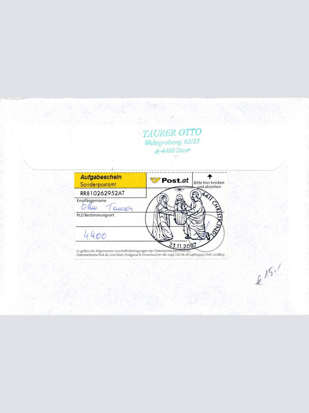 Christkindl - Reco - Brief 23.11.2007 + LZ Oberndorf (11592)