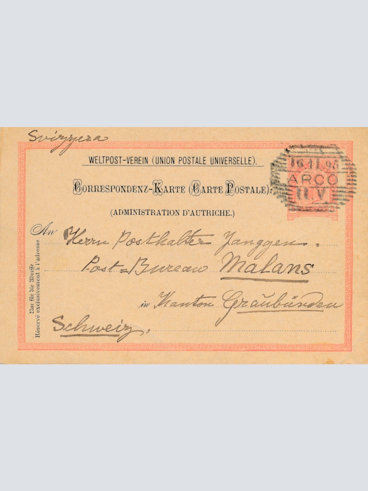 5 Kreuzer Ganzsachen - Karte 1895 aus Arco (11609)