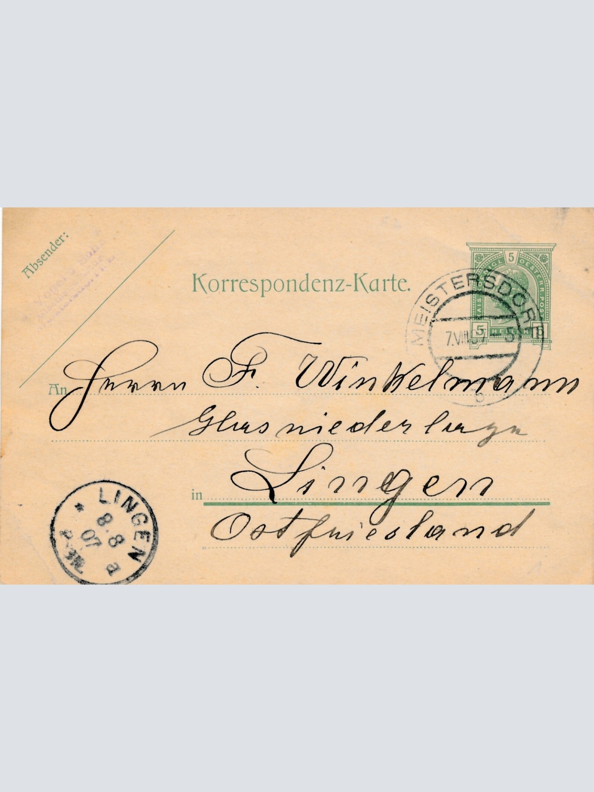 5 Heller Ganzsachen - Karte 1907 aus Meistersdorf (11611)