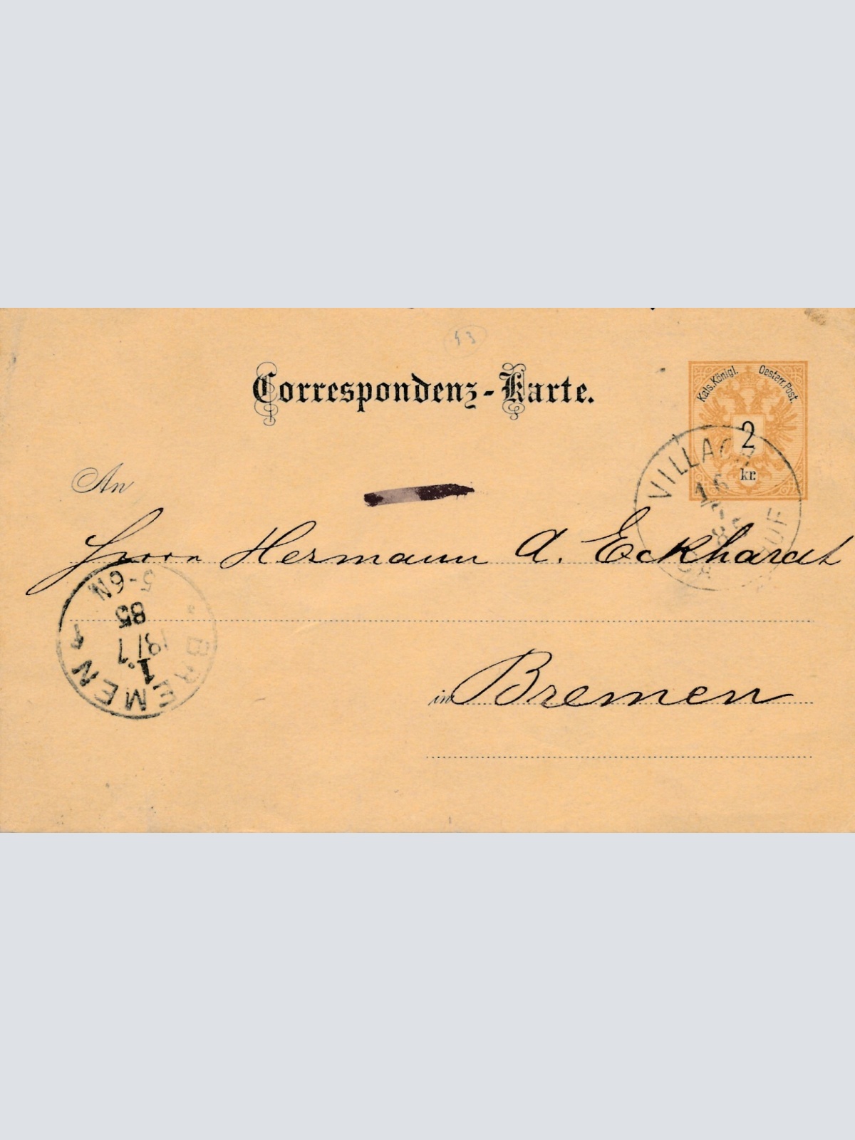 2 Kreuzer Ganzsachen - Karte 1885 aus Villach (11603)