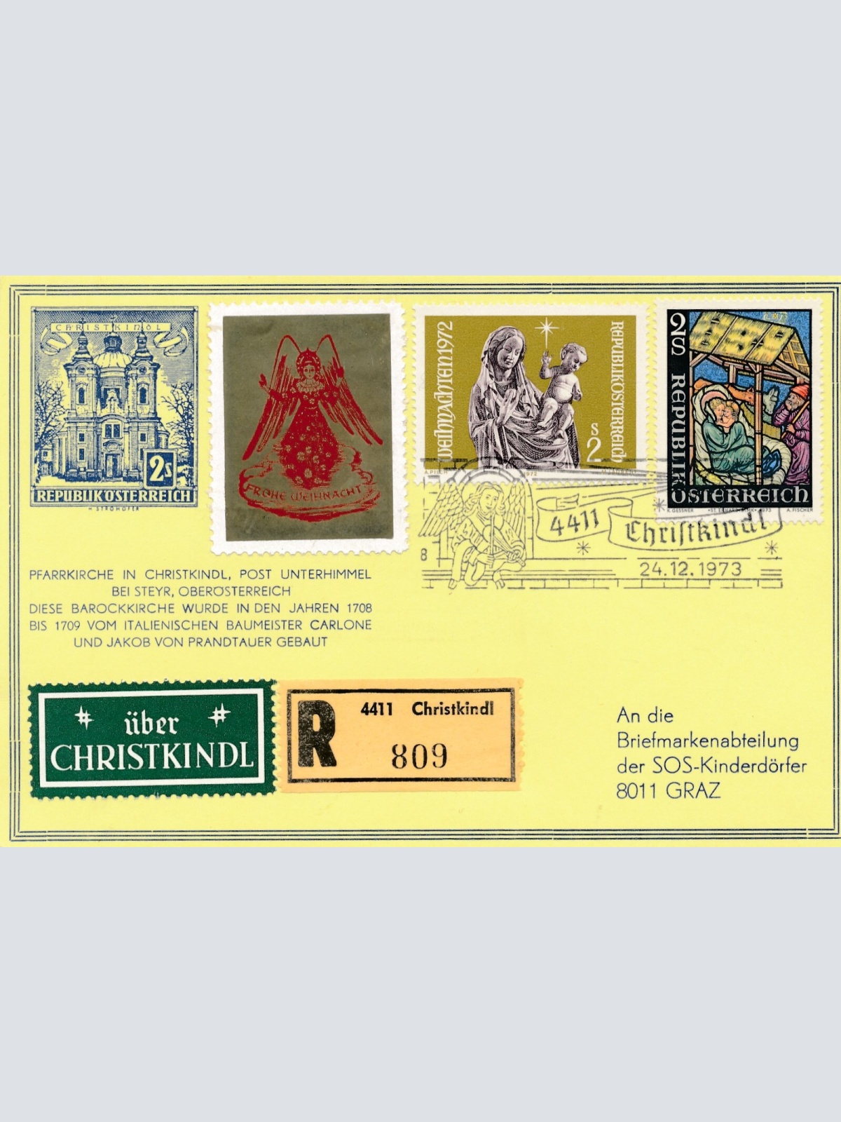 Christkindl - Reco - Karte 24.12.1973 + Vignette (11585)