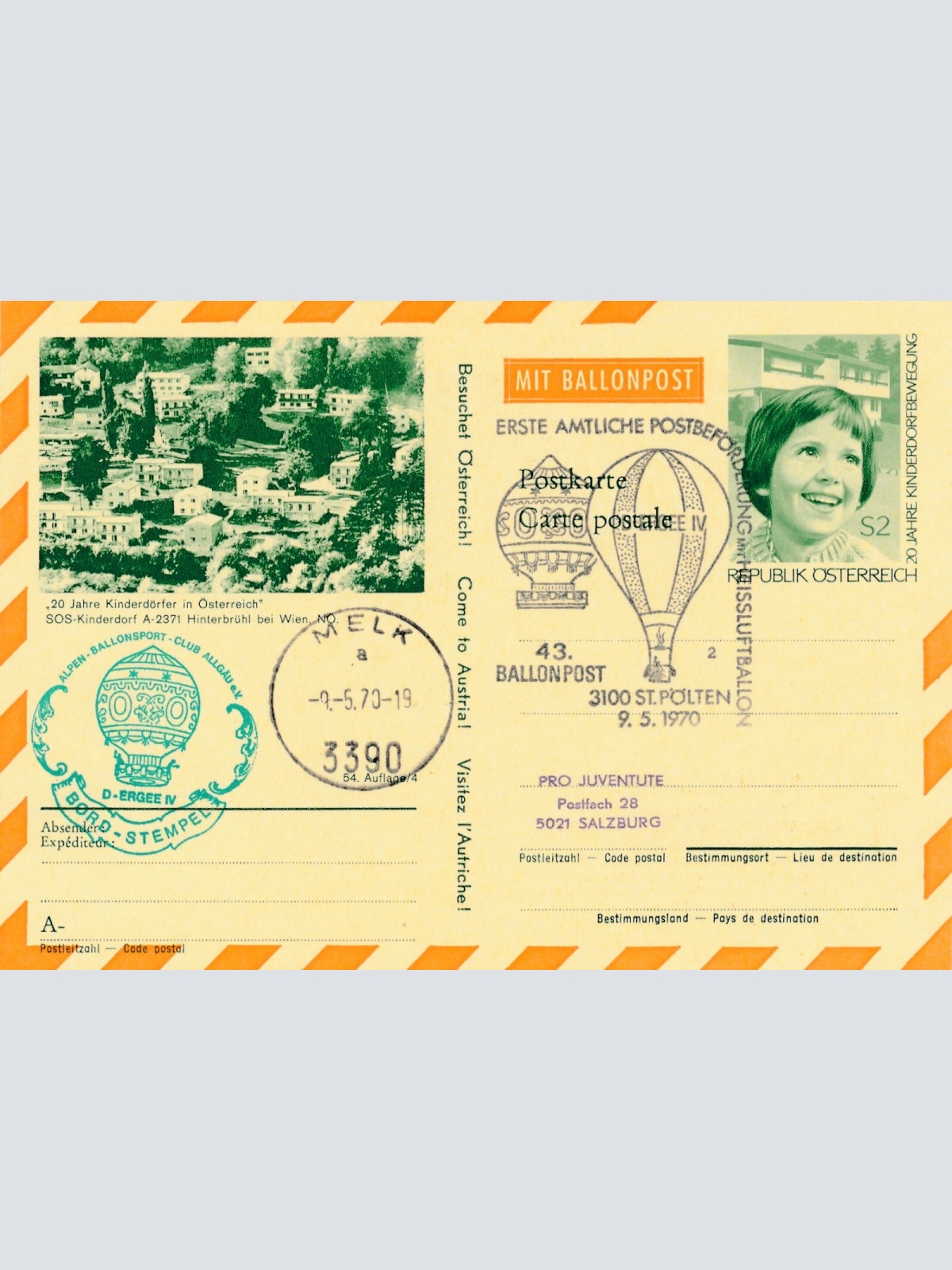 43. Ballonpost St. Pölten auf Bildpostkarte 1970 Hinterbrühl (11497)