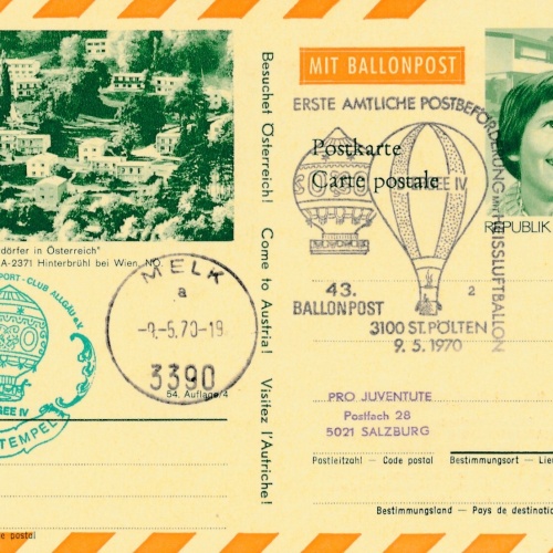 43. Ballonpost St. Pölten auf Bildpostkarte 1970 Hinterbrühl (11497)