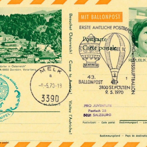 43. Ballonpost St. Pölten auf Bildpostkarte 1970 Dornbirn (11498)