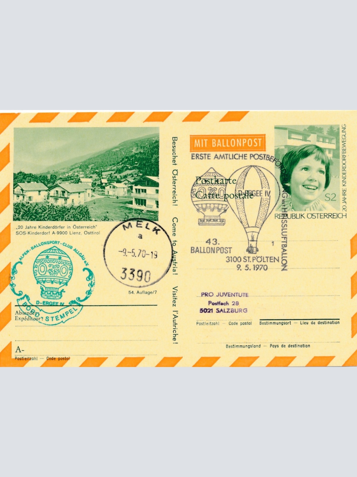 43. Ballonpost St. Pölten auf Bildpostkarte 1970 Lienz Osttirol (11500)