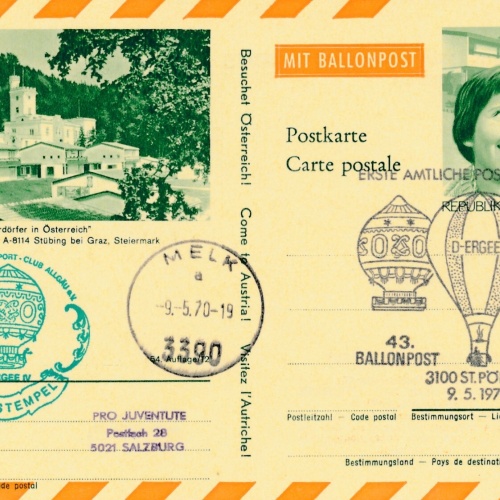 43. Ballonpost St. Pölten auf Bildpostkarte 1970 Stübing bei Graz (11501)