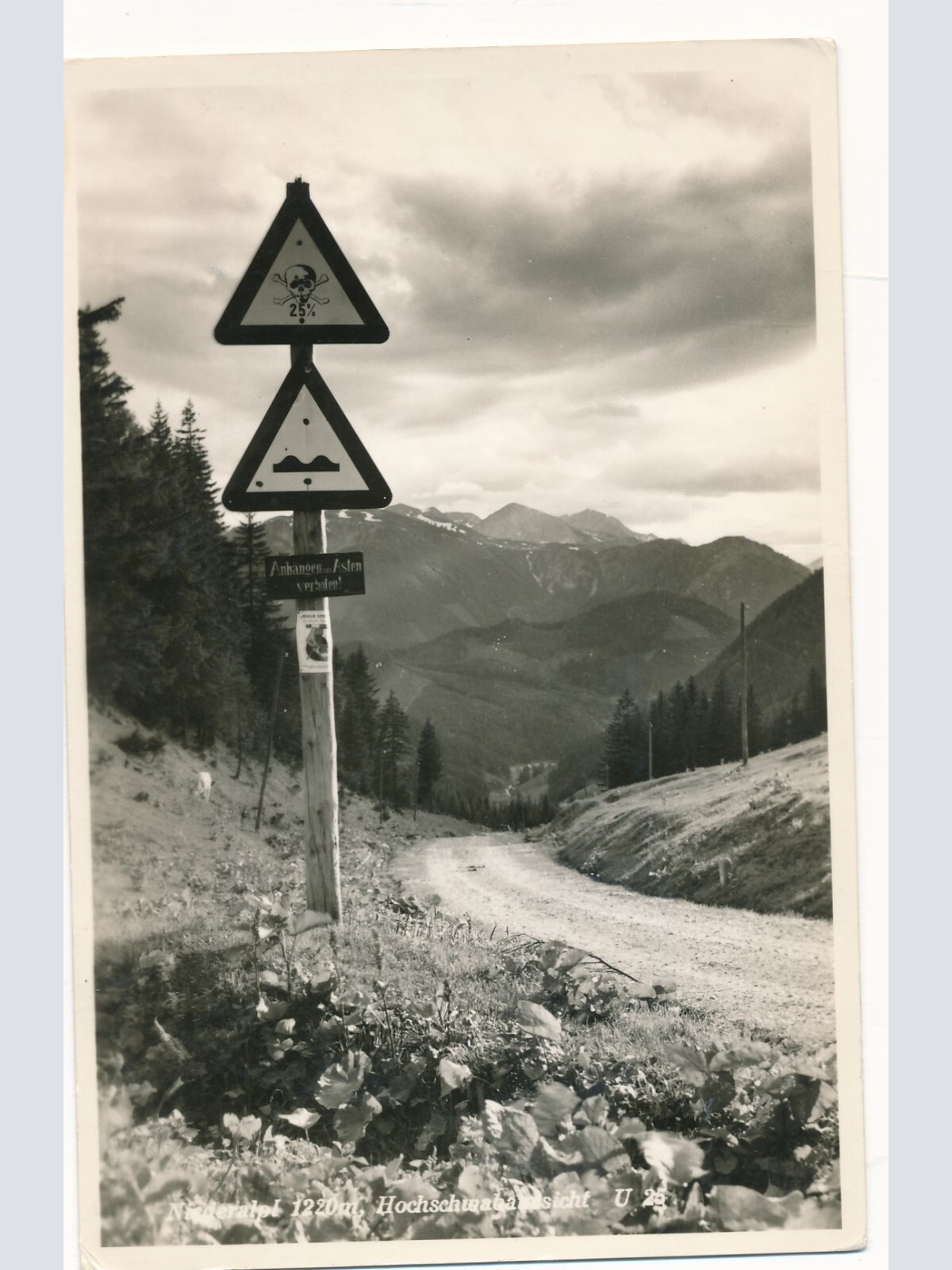 AK aus Niederalps mit Strassenschild Gefährlich Steiermark Ansichtskarte (12039)