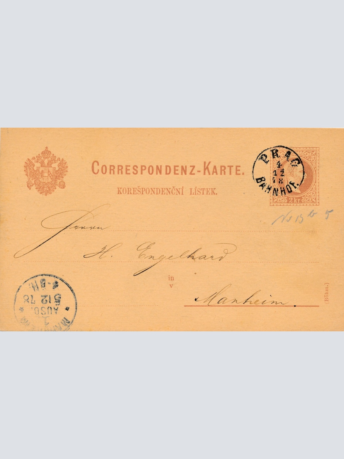 2 Kreuzer - Ganzsachen - Karte 1878 aus Prag Bahnhof (11739)