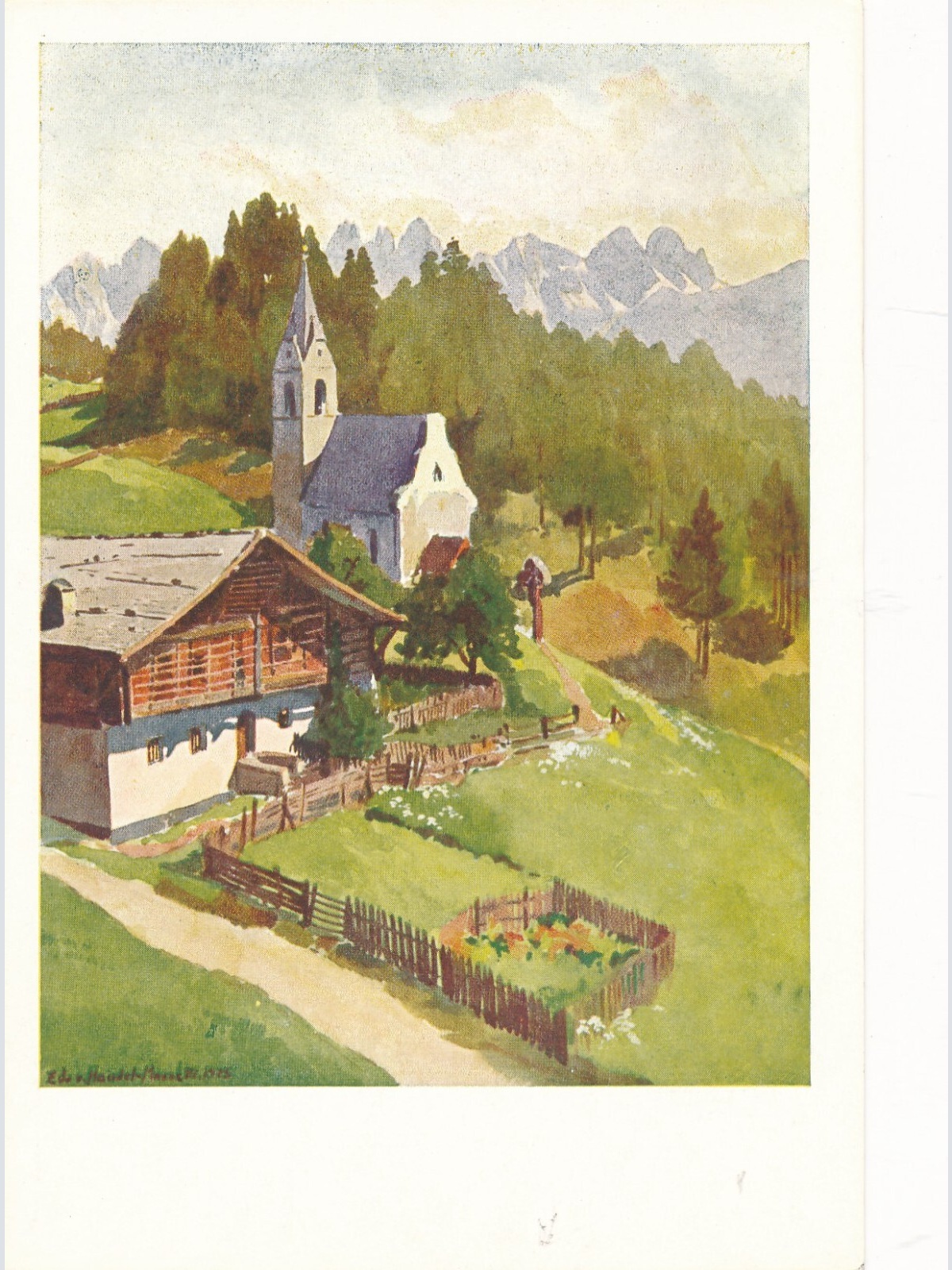 AK Künstlerserie aus Seefeld Mösen gegen Kalkkögel Tirol Ansichtskarte (11775)