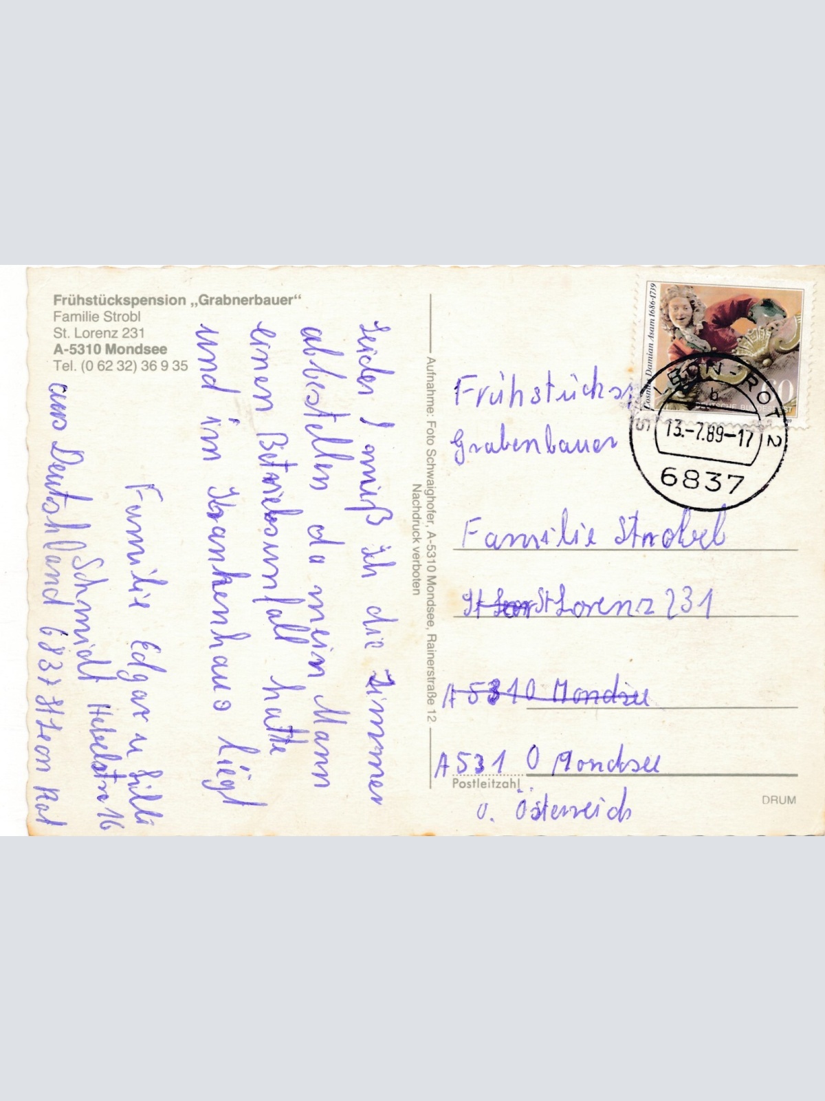 AK aus Mondsee Frühstückspension Grabnerbauer Ansichtskarte (J320)