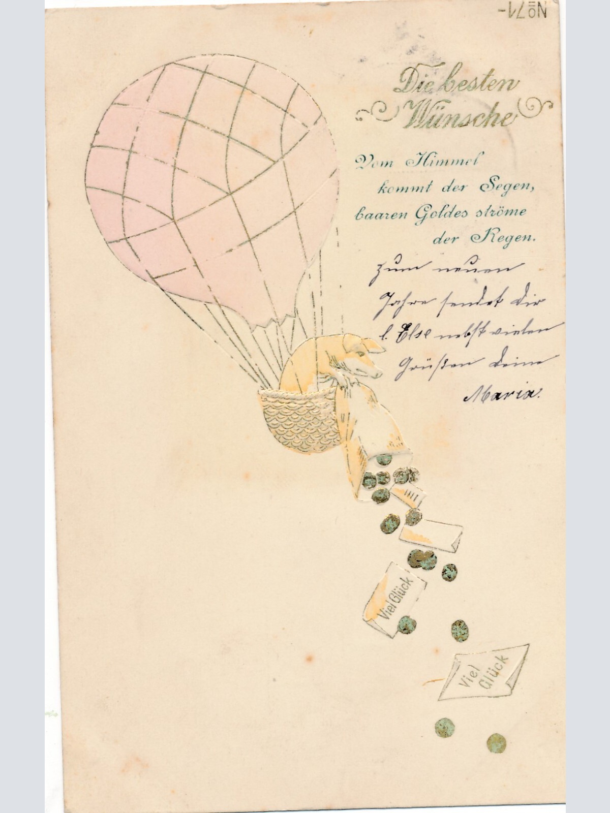 Präge - Motiv - Karte Ballon mit Schwein die besten Wünsche (11484)