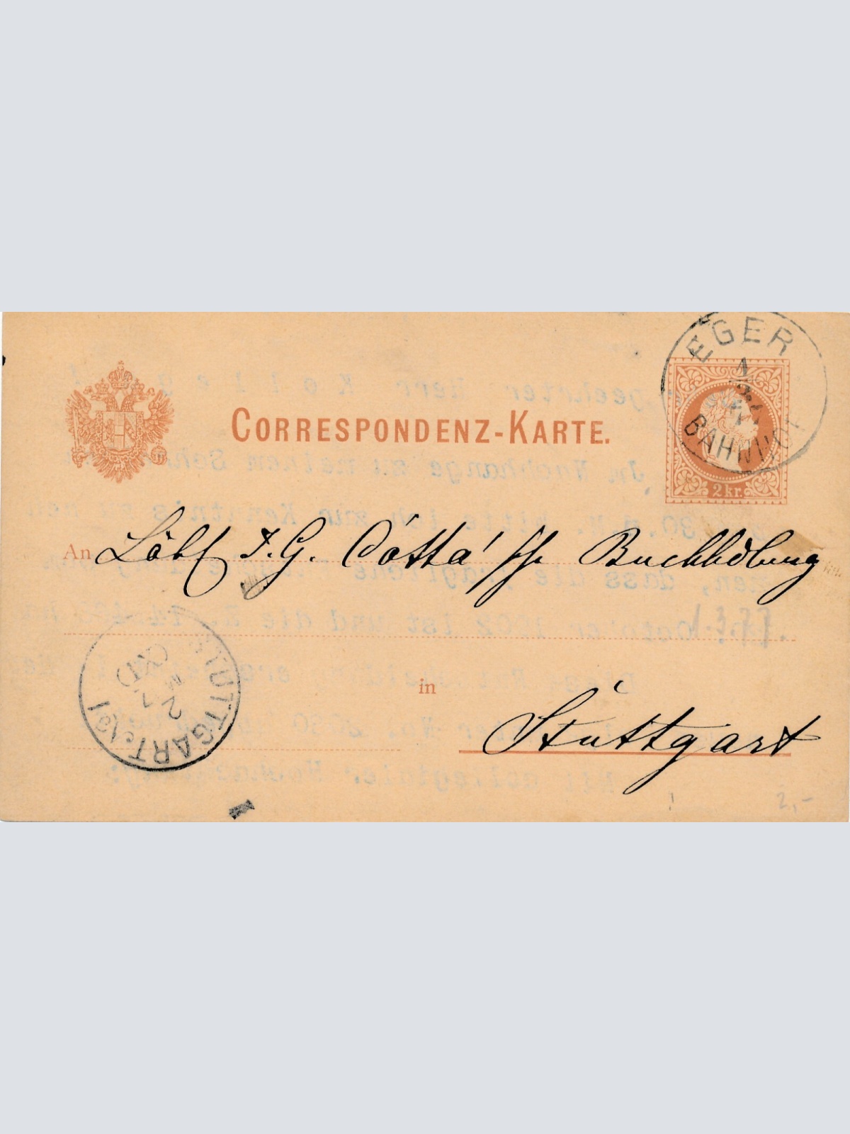 2 Kreuzer - Ganzsachen - Karte 1877 aus Eger Bahnhof (12300)