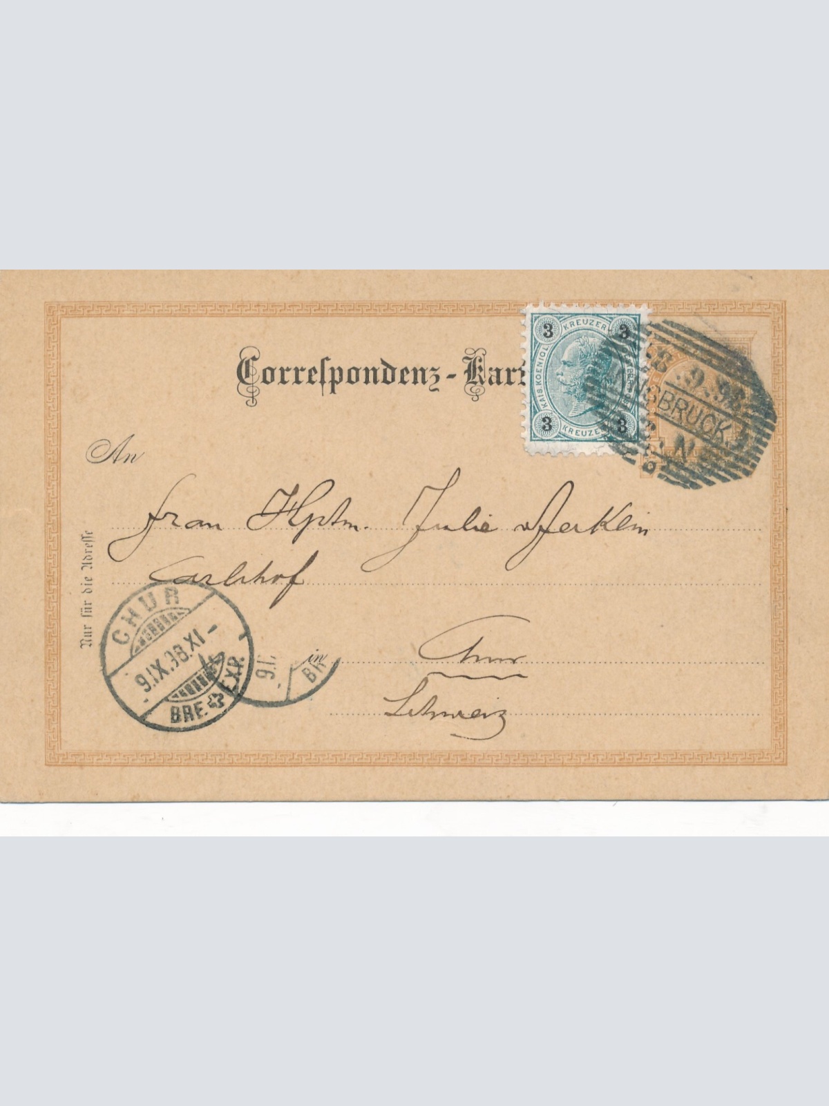 2 Kreuzer - Ganzsachen - Karte 1896 aus Innsbruck + 3 Kreuzer ZF (12307)