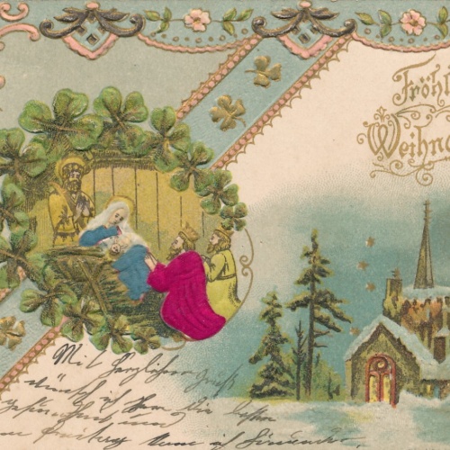 Präge Karte mit Stoff Fröhliche Weihnachten in der Grippe Ansichtskarte (12280)