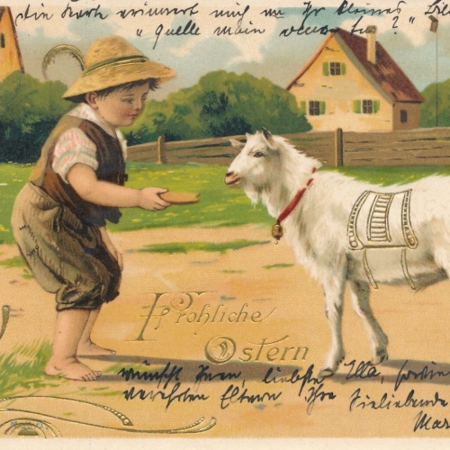 Präge - Motiv - Karte Fröhliche Ostern Junge mit Schaf Ansichtskarte (11848)