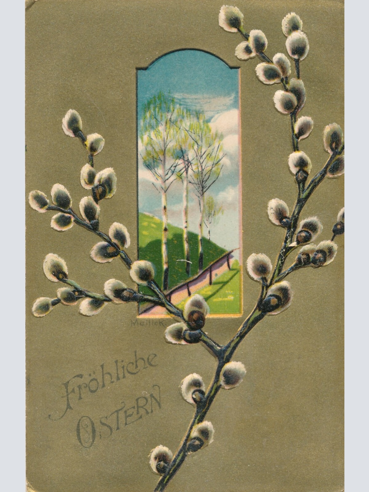 Präge - Motiv - Karte Frohe Ostern mit Palmkatze Ansichtskarte (12658)