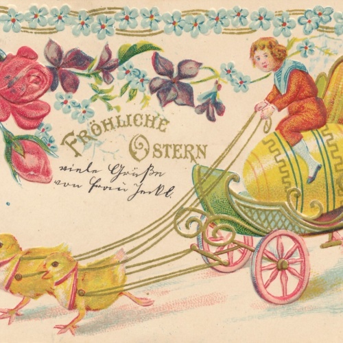 Präge - Motiv - Karte Fröhliche Ostern Kücken Kutsche Ansichtskarte (11852)