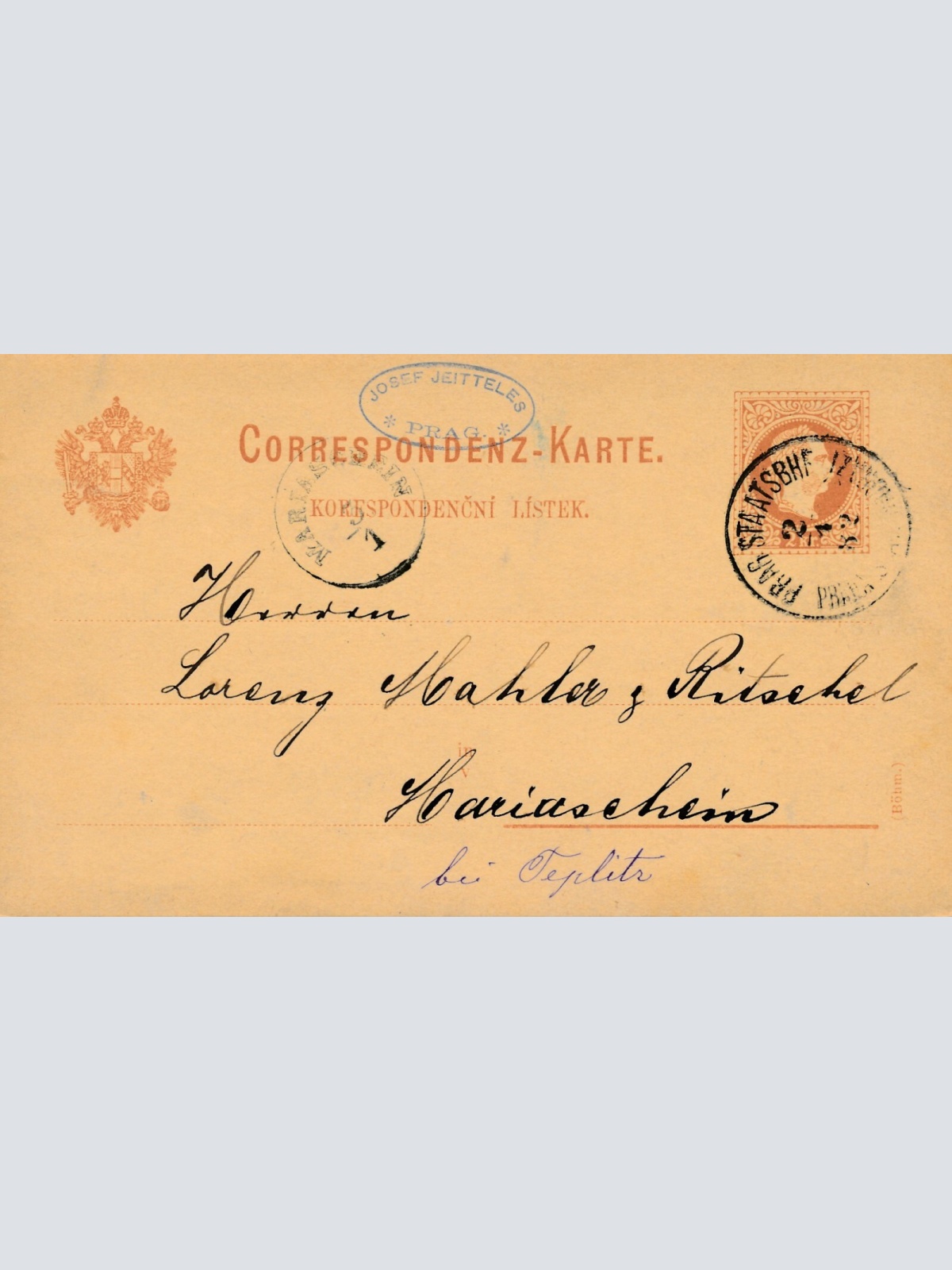 2 Kreuzer - Ganzsachen - Karte 1882 aus Praha - Prag Stadt SBHF (13545)