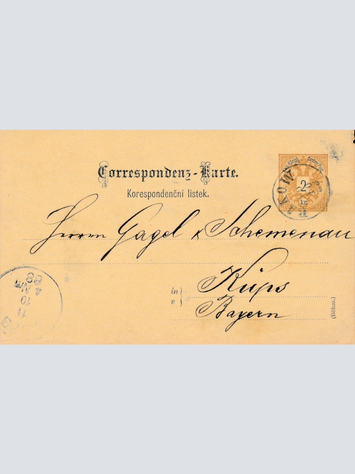 2 Kreuzer - Ganzsachen - Karte 1888 aus Bakow (13356)