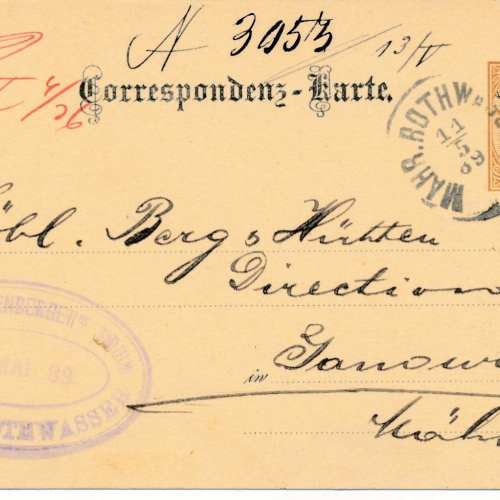 2 Kreuzer - Ganzsachen - Karte 1889 aus Mähr. Rothwasser (13357)