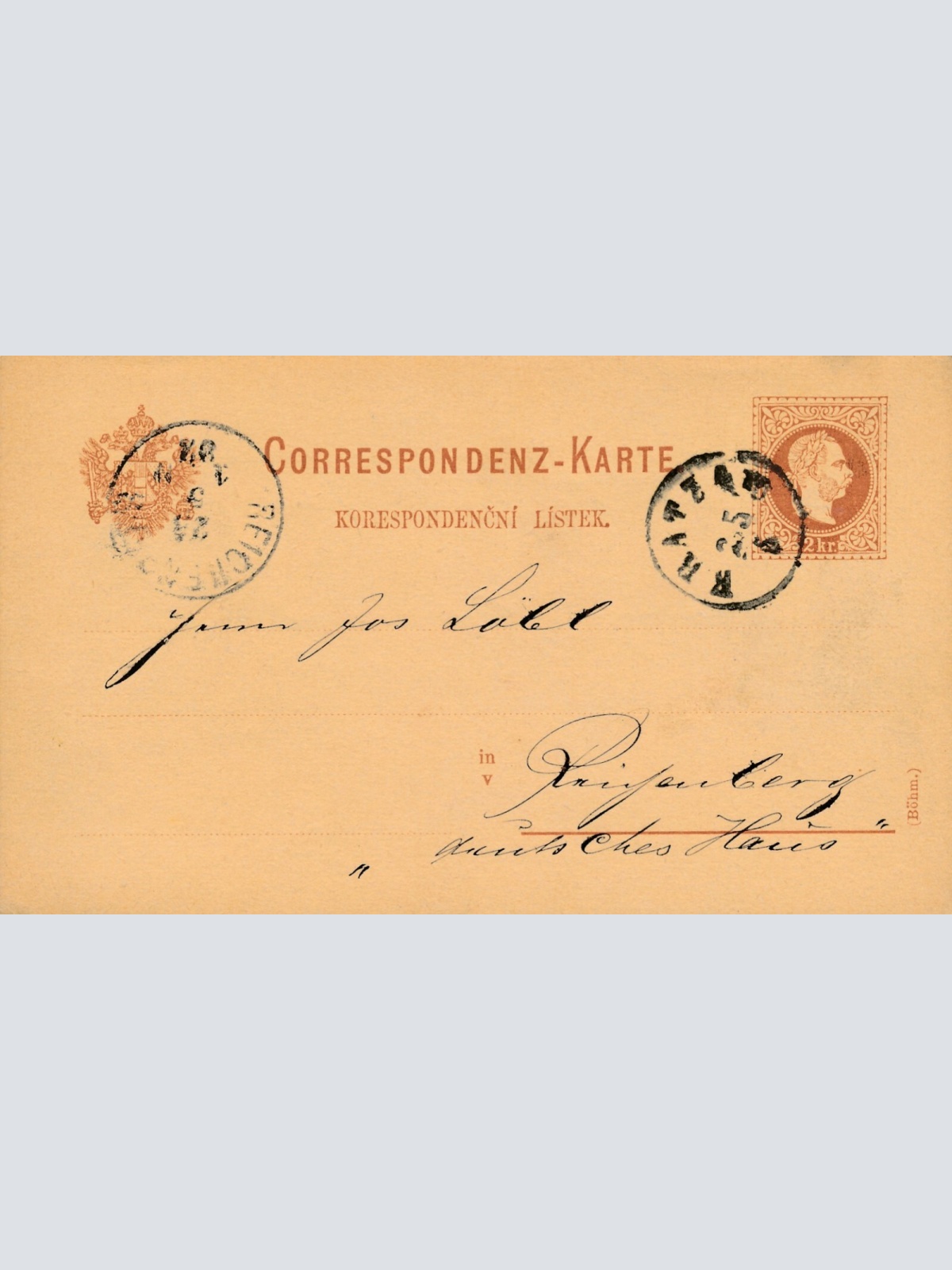 2 Kreuzer - Ganzsachen - Karte 1887 aus Kratzau (13581)