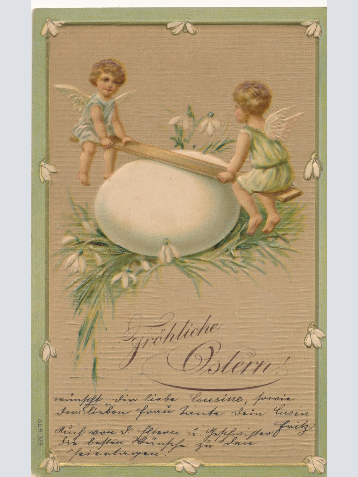 Präge - Motiv - Karte Frohe Ostern zwei Engel mit EI Ansichtskarte (13259)