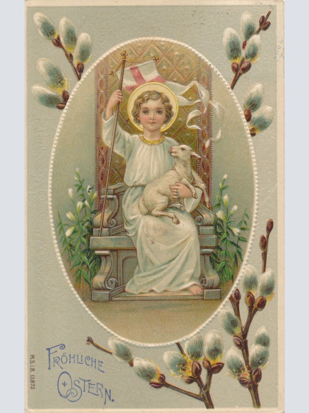 Präge - Motiv - Karte Frohe Ostern Engel mit Lamm Ansichtskarte (13260)