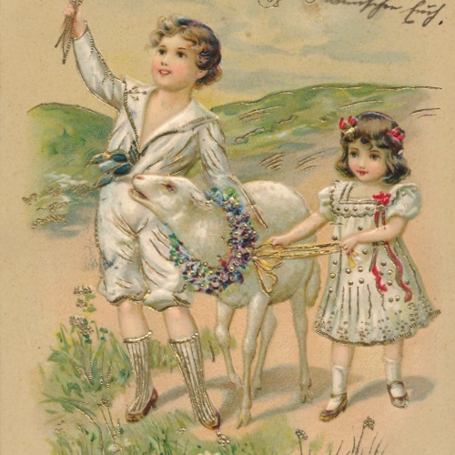 Präge - Motiv - Karte Frohe Ostern zwei Kinder mit Lamm Ansichtskarte (13258)