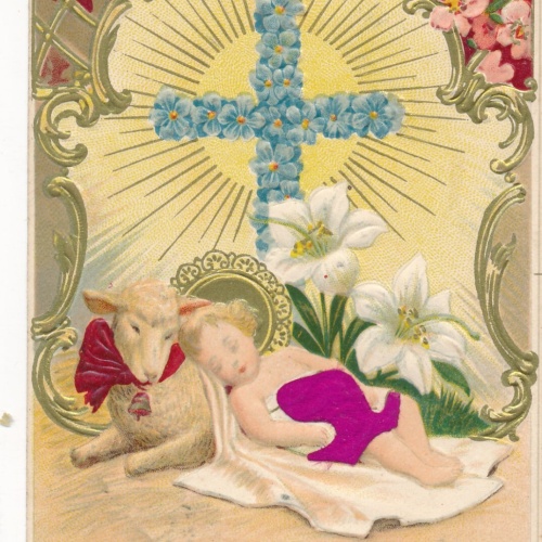 Präge - Motiv - Karte Fröhliche Ostern Schaf mit Kind Ansichtskarte (13698)