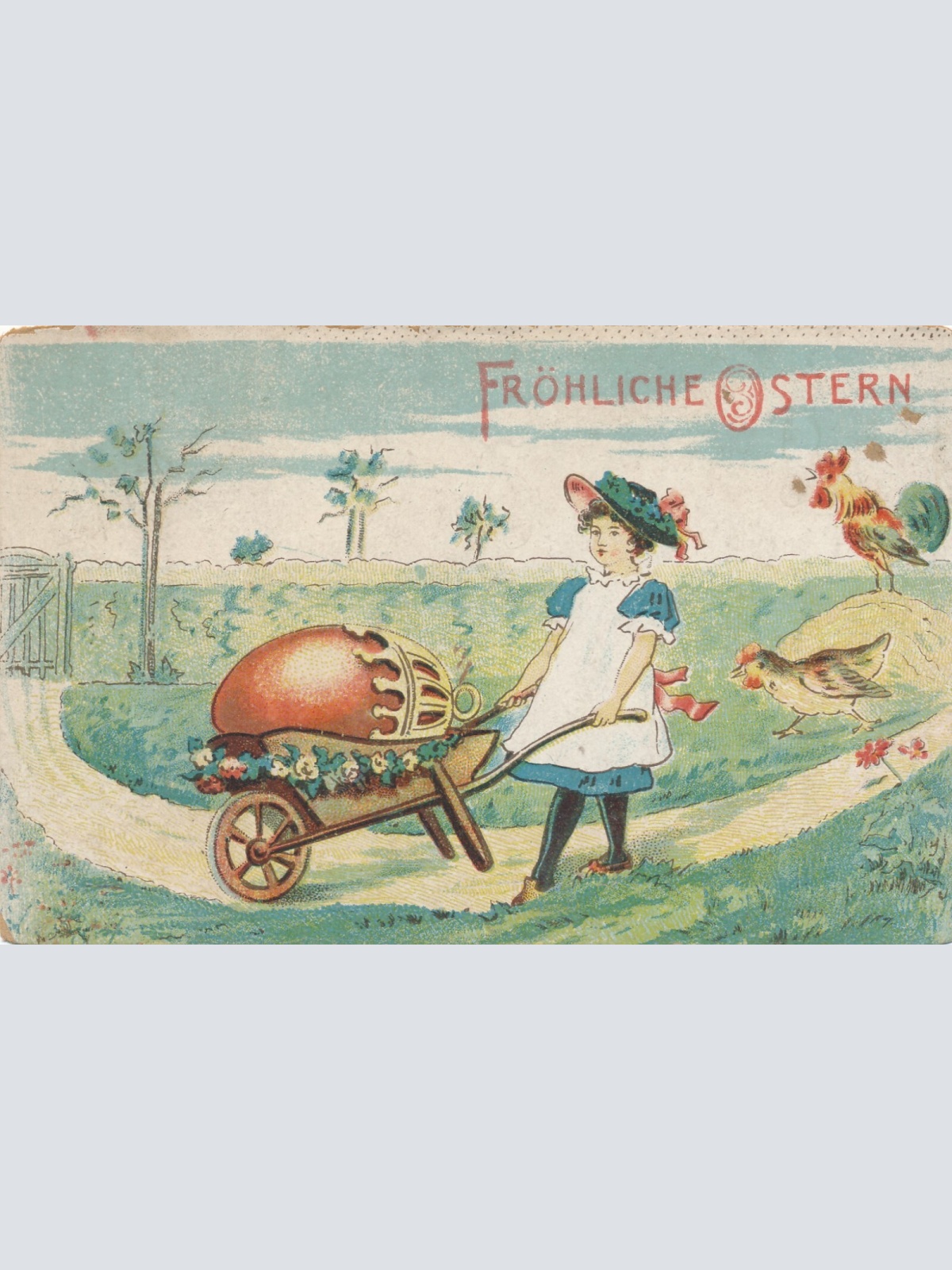 Motiv - Karte Fröhliche Ostern Frau mit riesen EI Ansichtskarte (13693)