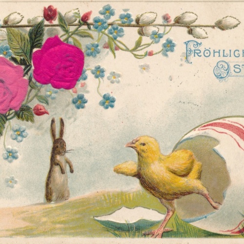 Stoff  Präge  Motiv - Karte Fröhliche Ostern Kücken aus Ei Ansichtskarte (13695)