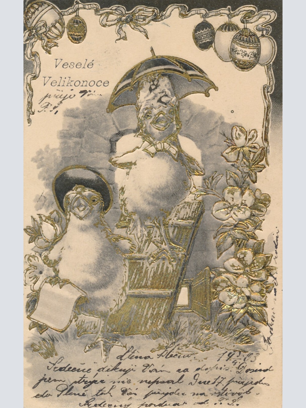 Präge Motiv  Karte von Tschechien Frohe Ostern zwei Kücken Ansichtskarte (13692)