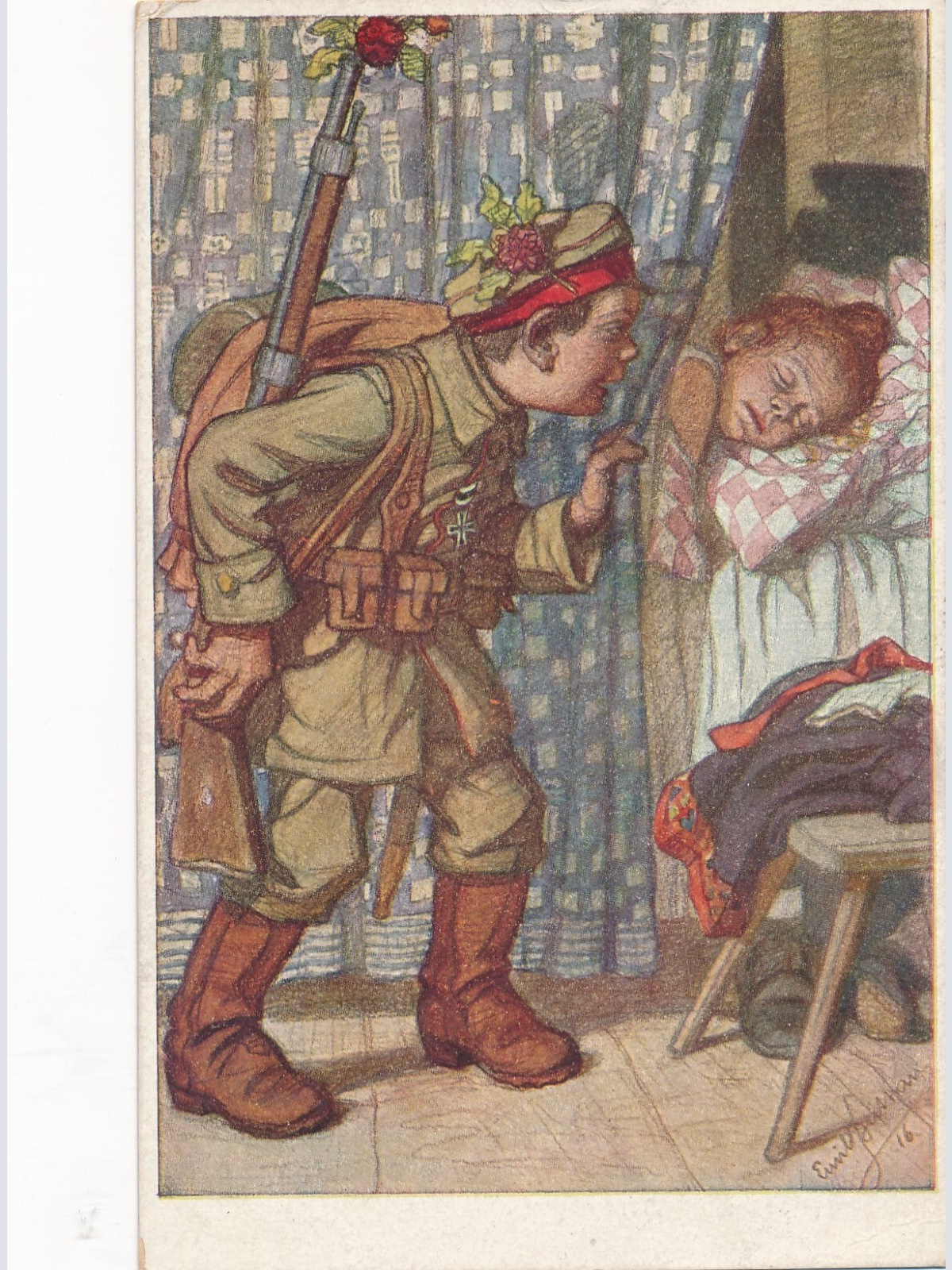 AK Kindersoldat weckt schlafendes Mädchen Ansichtskarte (13709)