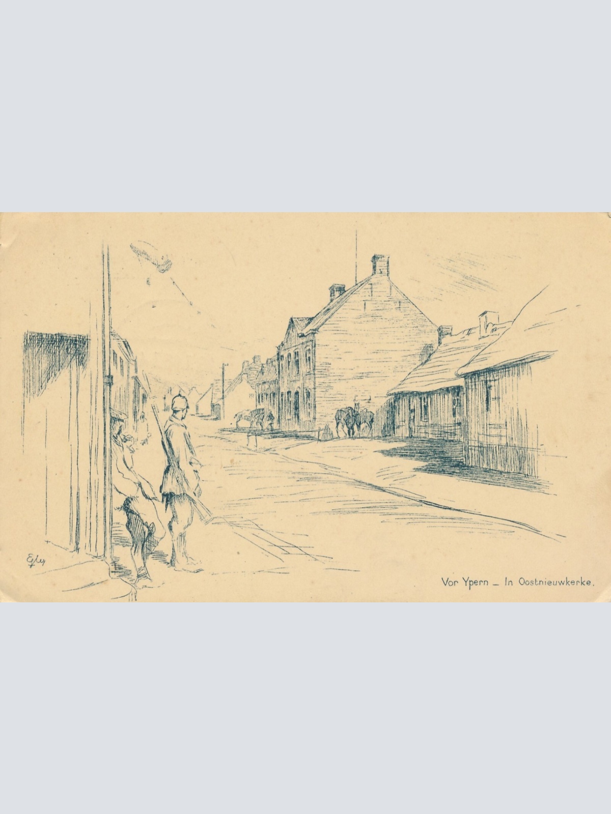 Künstler Karte vor Ypern - In Oostnieuwkerke mit Soldaten Ansichtskarte (13891)