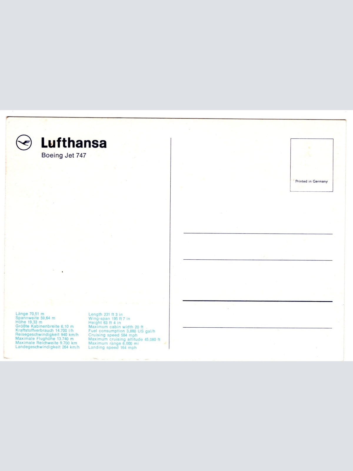 AK, Lufthansa, Boeing Jet 747, Ansichtskarte (S4679)