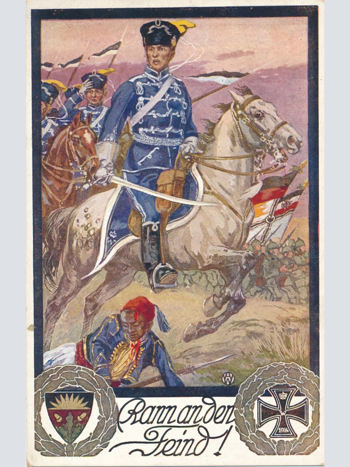 AK ran an den Feind Soldat auf Pferd Militaria Ansichtskarte (14298)