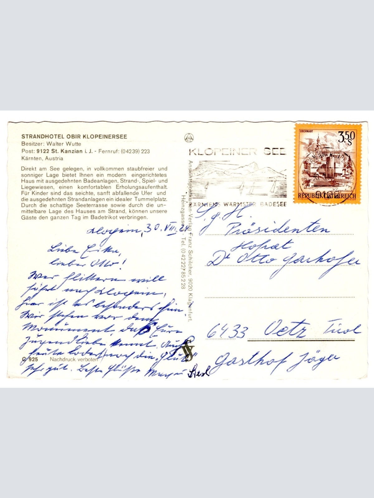 AK, St. Kanzian, Hotel Obir Klopeinersee, Kärnten, Ansichtskarte (S5755)