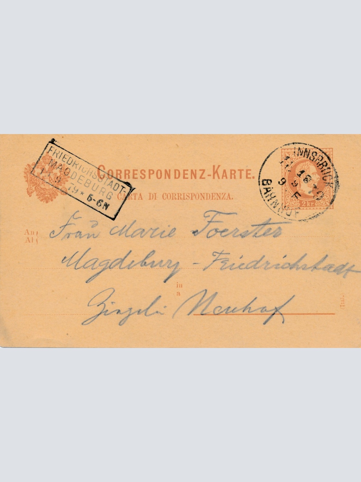 2 Kreuzer Ganzsachen - Karte 1879 aus Innsbruck Bahnhof (14365)