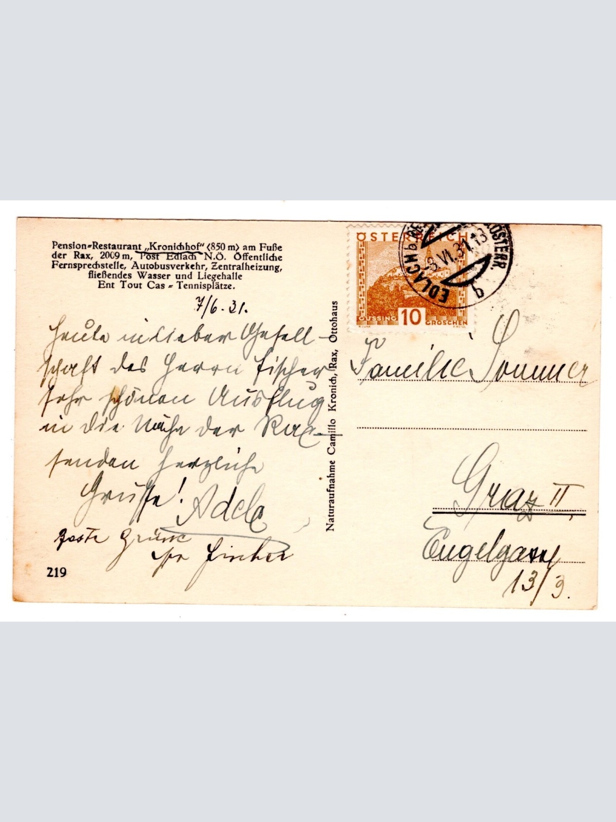 AK, Pension Kronichhof, Edlach, Niederösterreich, Ansichtskarte (S6540)