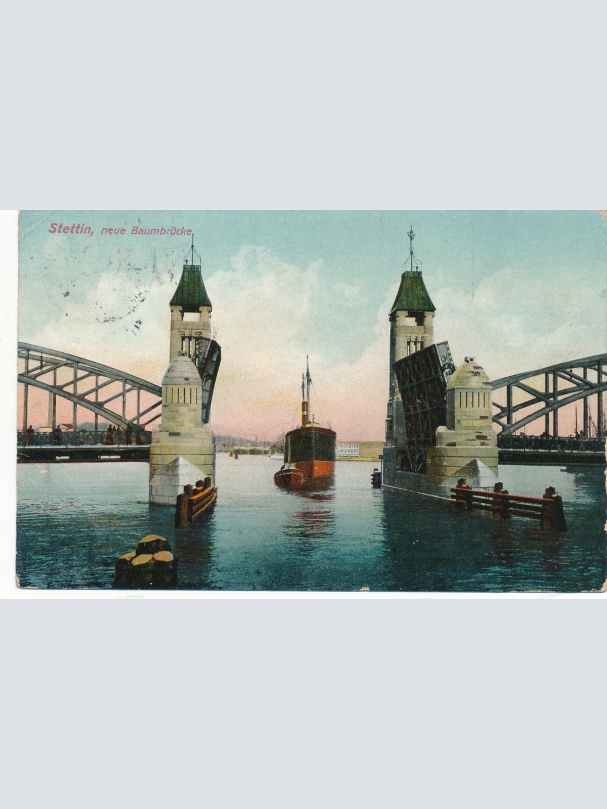 AK aus Stettin neue Baumbrücke mit Dampfschiff Polen Ansichtskarte (14572)