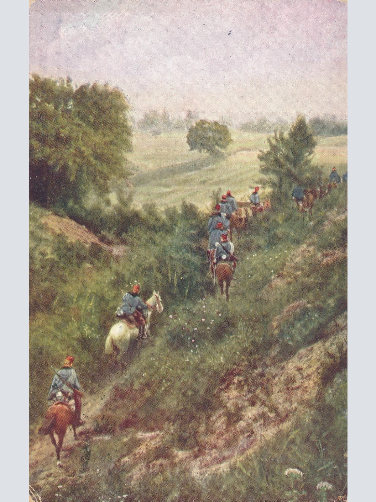 AK Militaria Landwehr Ulanen Patroullie passiert einen Hohlweg (16034)