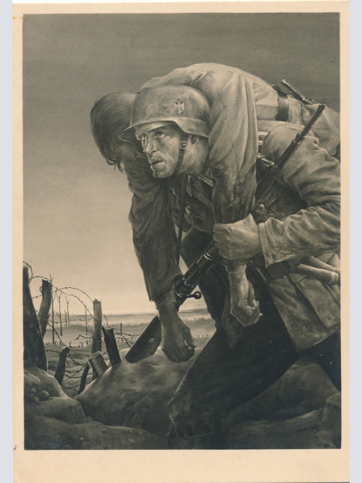 AK Haus der Deutschen Kunst Soldat trägt Kameraden Ansichtskarte (15869)