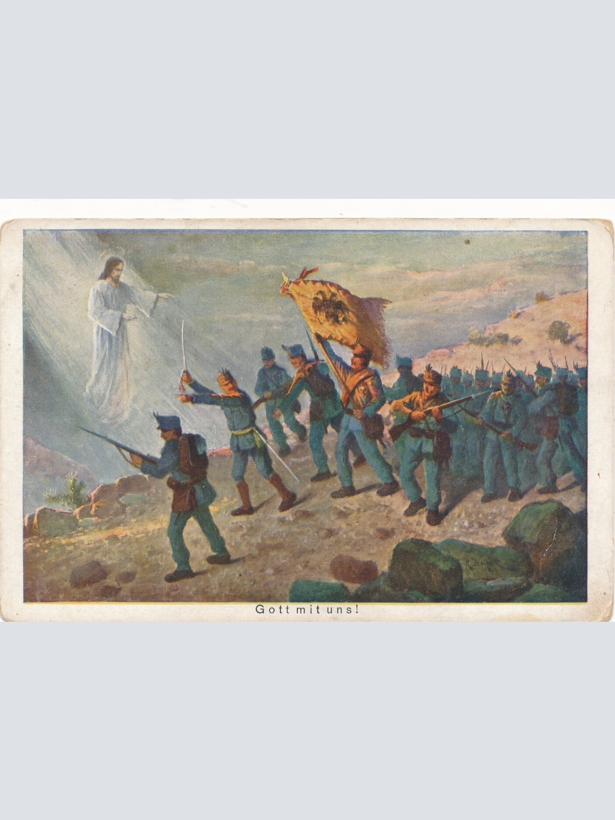 AK Militaria Gott mit Uns Soldaten mit Flagge (16032)