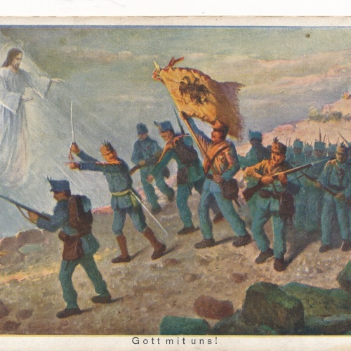 AK Militaria Gott mit Uns Soldaten mit Flagge (16032)