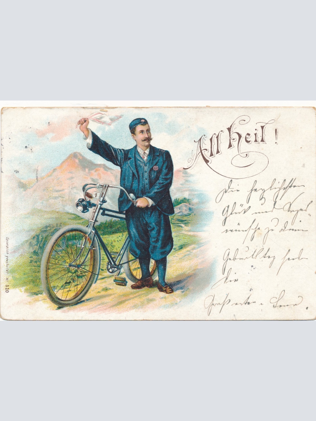Litho - Karte All Heil Mann mit Fahrad Ansichtskarte (15878)