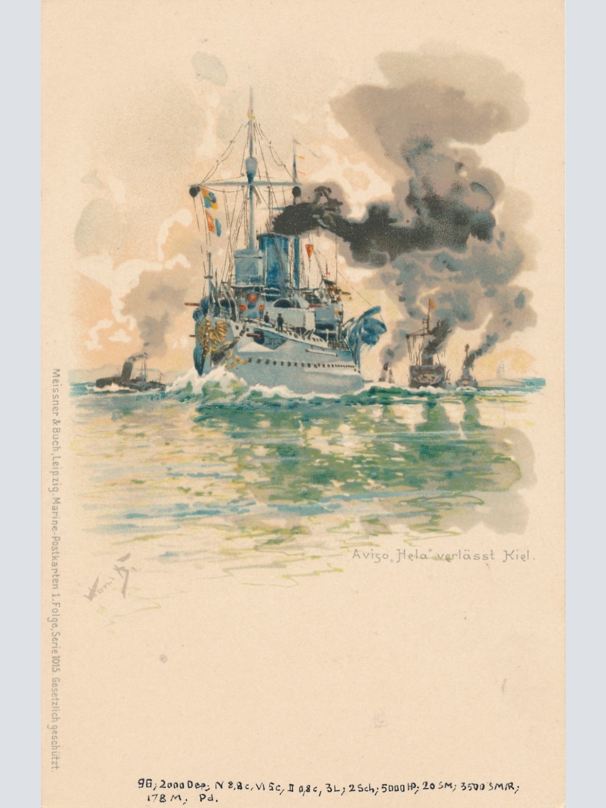 Litho - Karte vom S.M. Aviso Hela verlässt Kiel Ansichtskarte (15791)