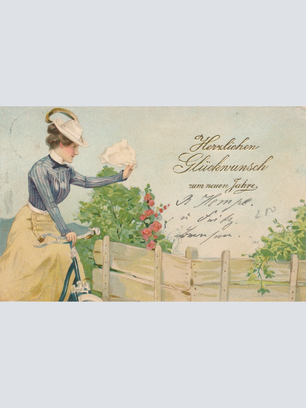 AK Radfahrerin Herzlichen Glückwunsch zum neuen Jahr Ansichtskarte (15747)